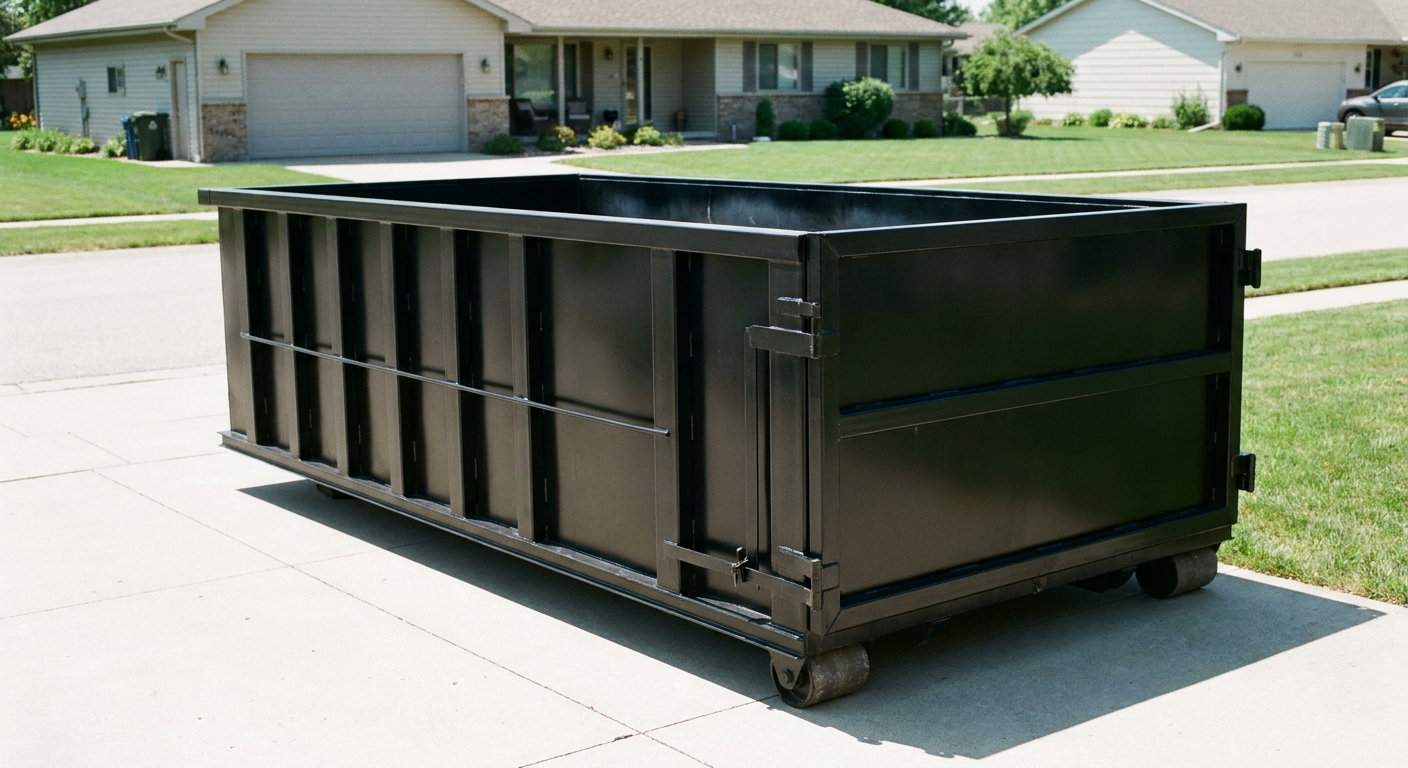 Matte-black 10-yard roll-off dumpster on a residential concrete driveway in Salt Lake City, uniformly painted matte black across every panel and rail, ribbed steel sidewalls and rear swing door visible, mid-day daylight.