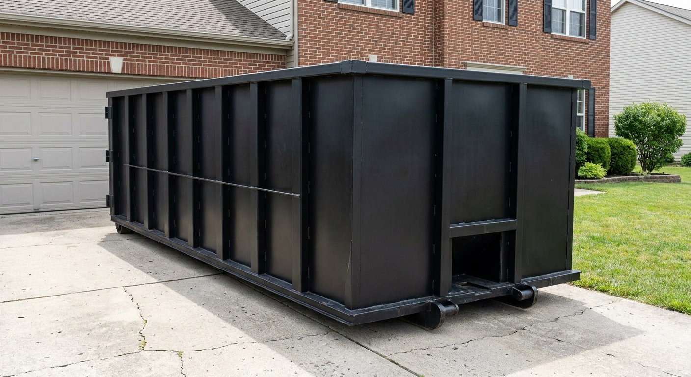 Matte-black 20-yard roll-off container on a Salt Lake City residential concrete driveway with reinforced ribbed steel sidewalls and a hinged rear walk-in door, clean bright daylight.