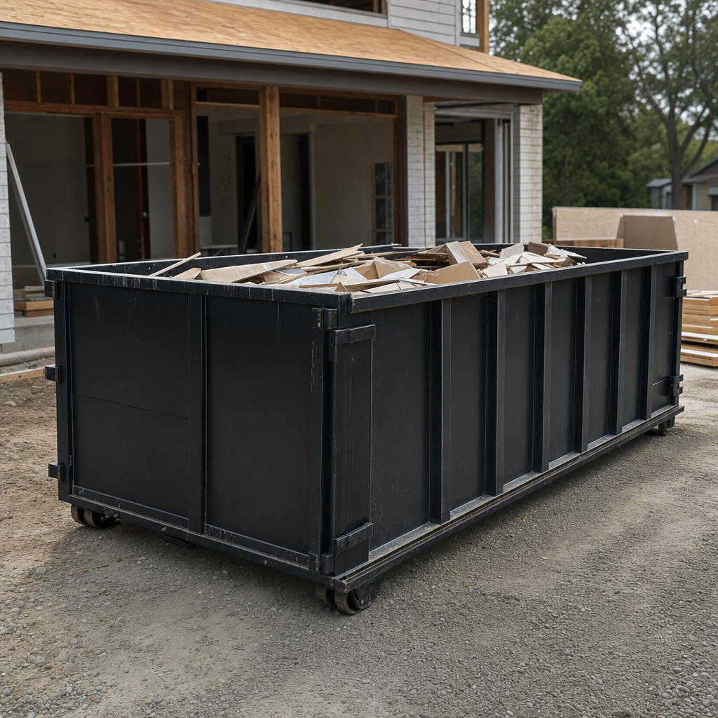 Large matte-black 30-yard construction roll-off dumpster at an active Salt Lake City jobsite, steel-gray top rails and bottom rollers visible, loaded with construction debris.