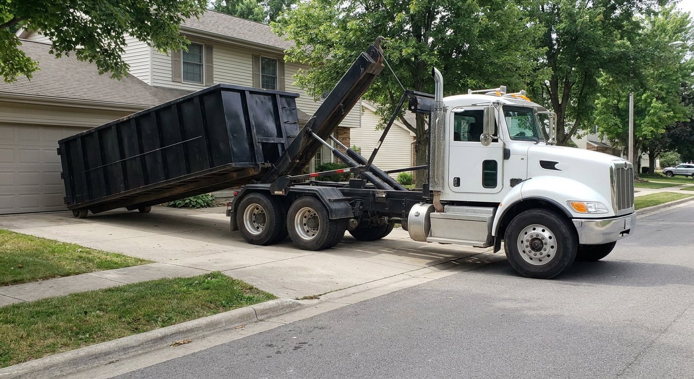White-cab hooklift roll-off truck actively lowering a matte-black dumpster onto a Salt Lake City residential concrete driveway, the dumpster's rear wheels touching the driveway as the hoist arm tilts the bed forward, mid-morning daylight.